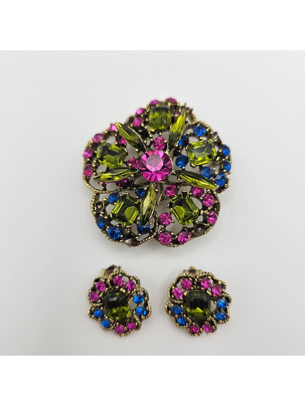 Vintage Rhinestone Brooch Clip Earrings Set Pink Green Blue Missing Stones